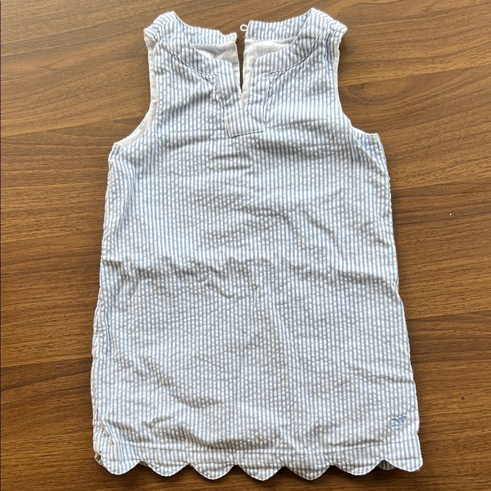 Striped Seersucker Sleeveless dress with Scalloped Hem